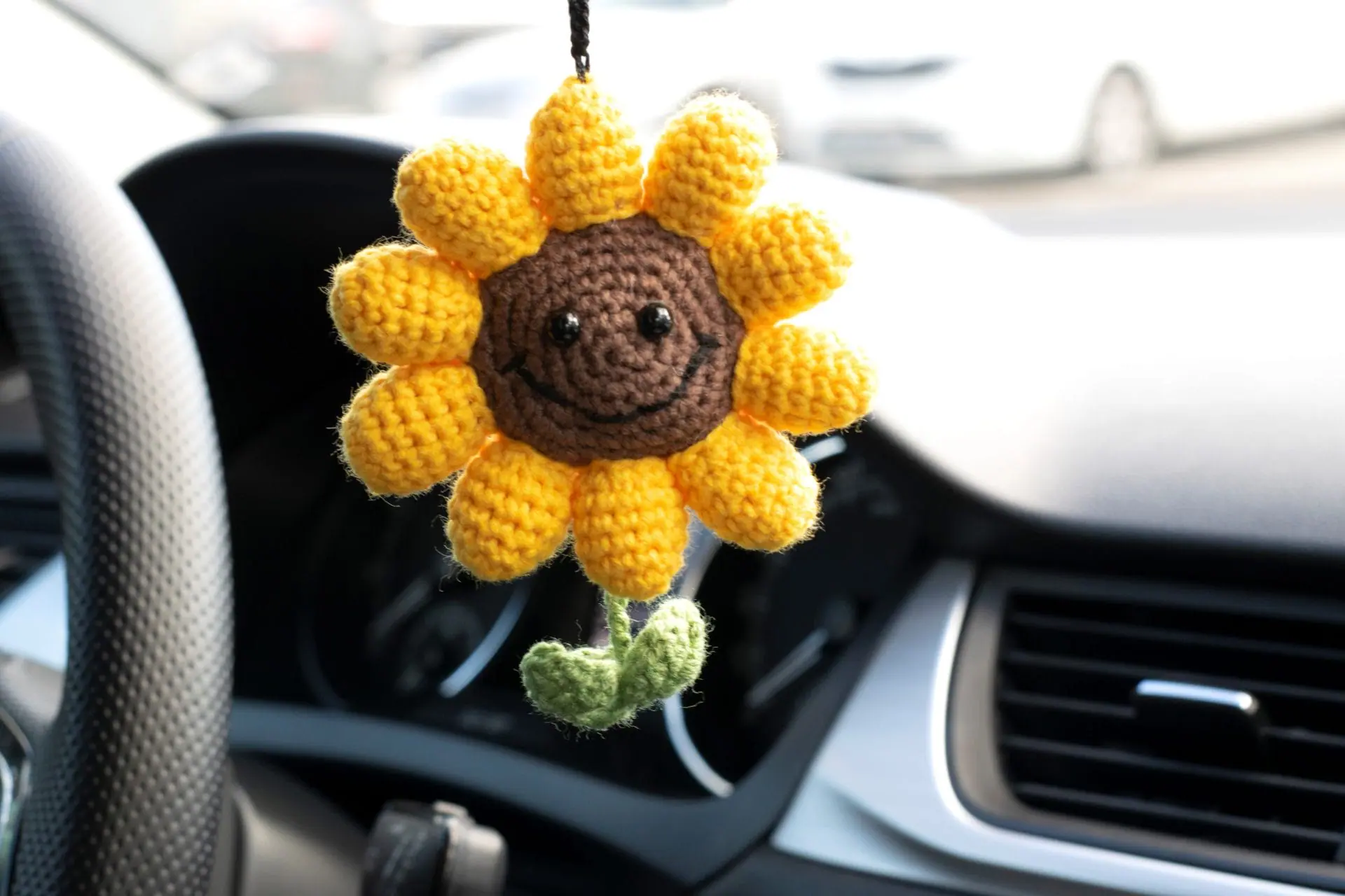 Crocheted sunflower charm car accessory on the rearview mirror 3 Crocheted sunflower charm car accessory on the rearview mirror - Image 3