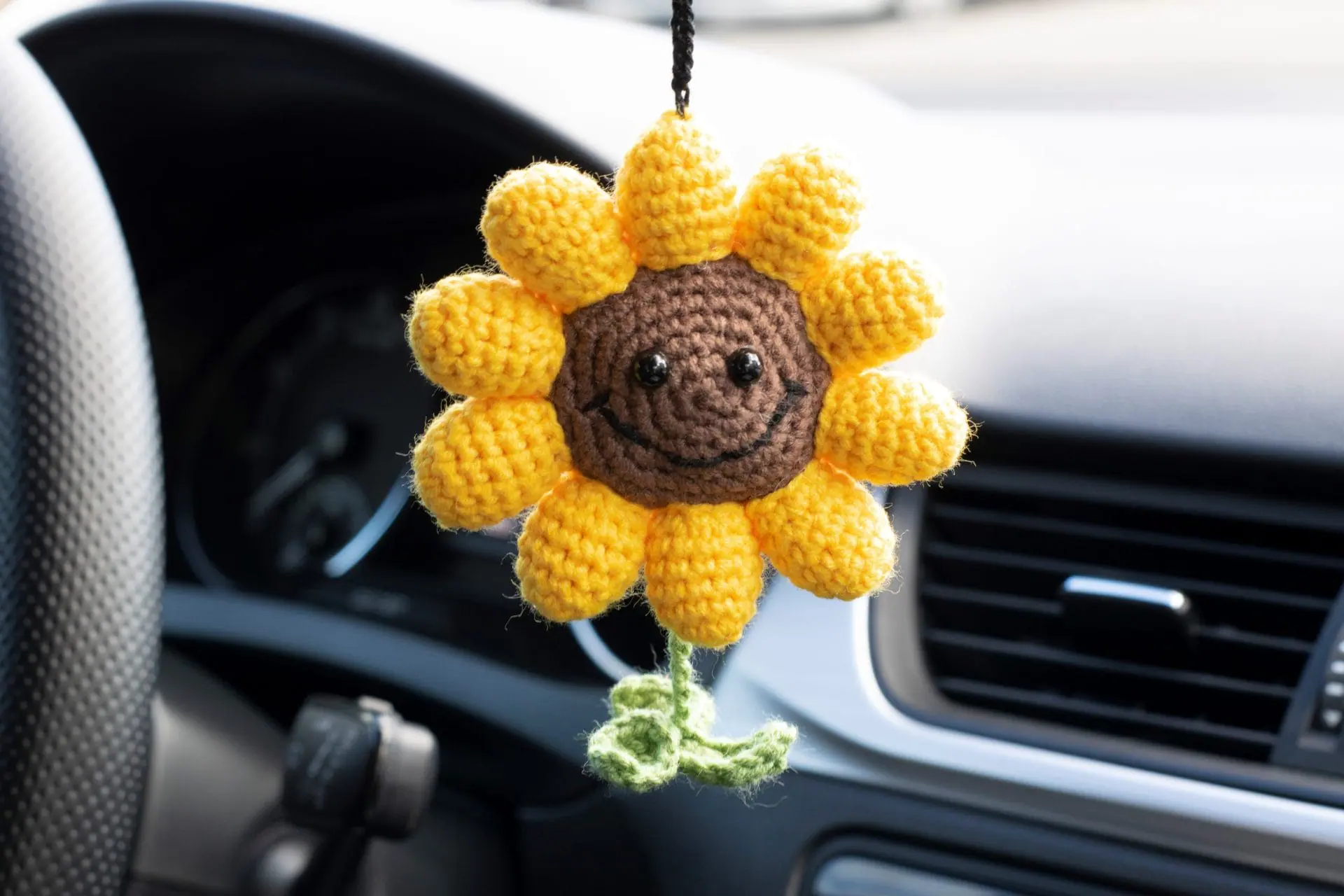 Crocheted sunflower charm car accessory on the rearview mirror 2 Crocheted sunflower charm car accessory on the rearview mirror - Image 2