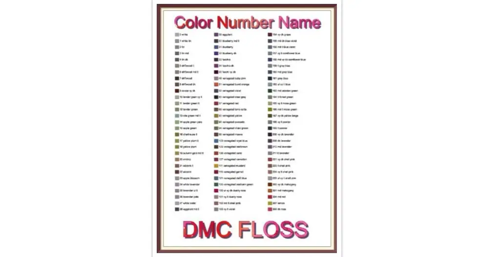 DMC Thread List by Color Number Name Cross Stitch Chart