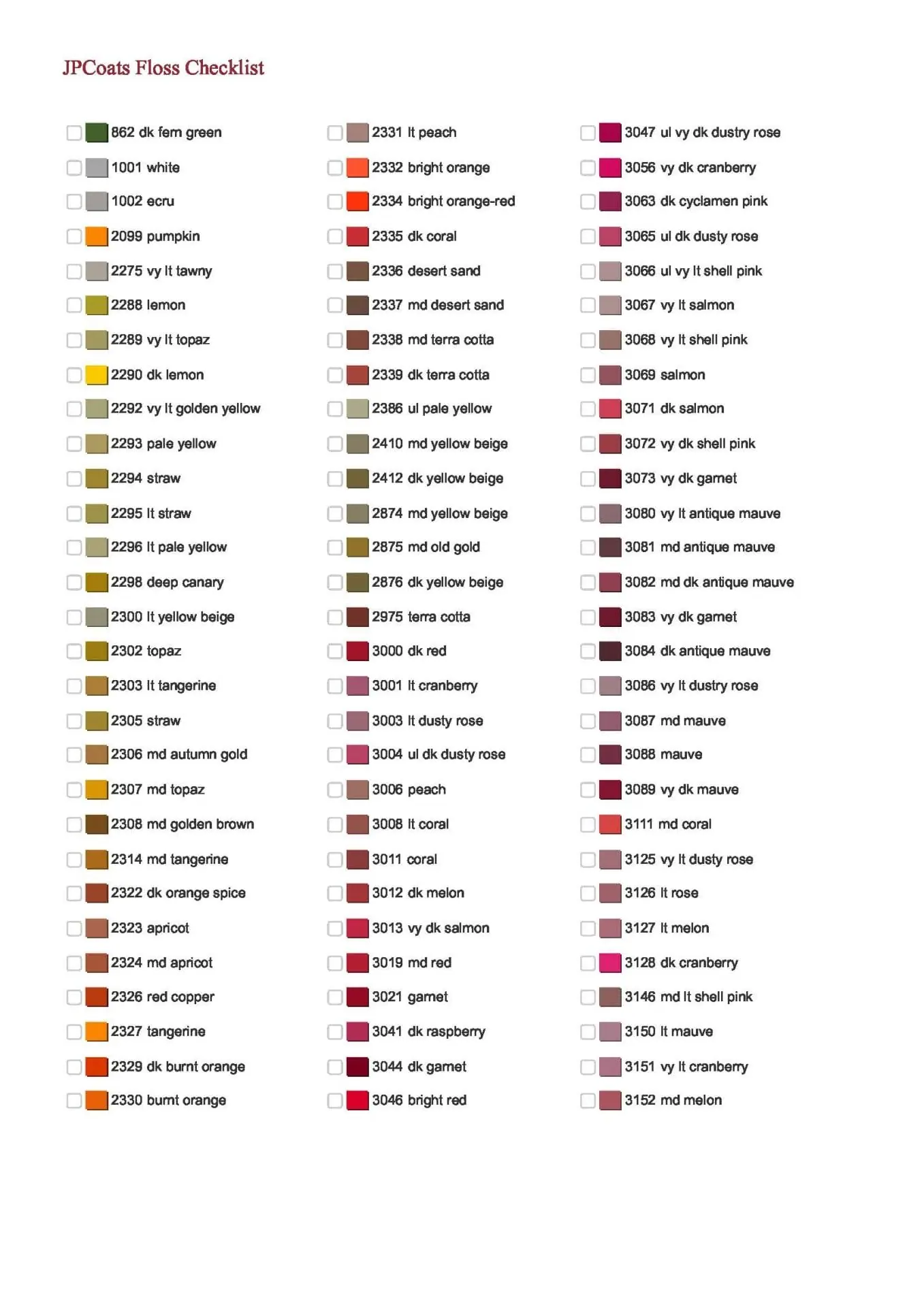 JP Coats Thread List by Color Number Name Cross Stitch Chart 2 JP Coats Thread List by Color Number Name Cross Stitch Chart - Image 2