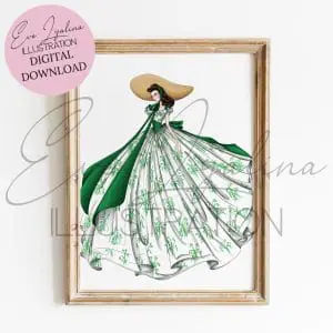 Fashion illustration of Vivien Lee in the gown from the movie "Gone with the wind". Instant digital download