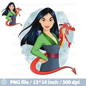 Princess Mulan with dragon, art print, sublimation design