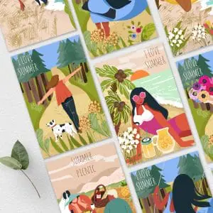 Set of cards summer vibes, summer mood, picnic, people in nature,