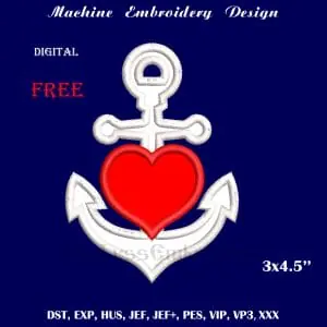 Anchor with heart free embroidery design