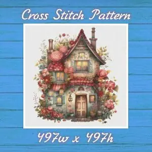 Cottage with Roses Cross Stitch Pattern Vintage Counted 789 497
