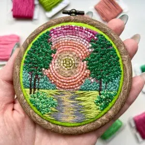 Rose Glow, hand embroidered landscape