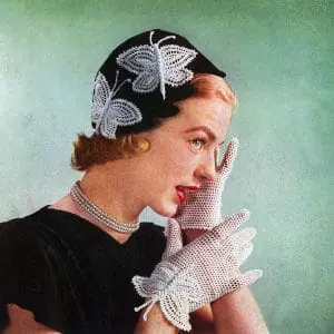 Vintage butterfly in crochet hat and gloves, hand made, pattern