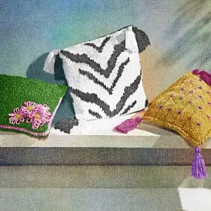 Vintage crochet pattern pillow embroidered, knitted tassel, zebra
