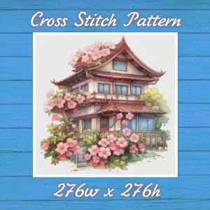Cottage with Sakura Cross Stitch Pattern Vintage Counted 843 276