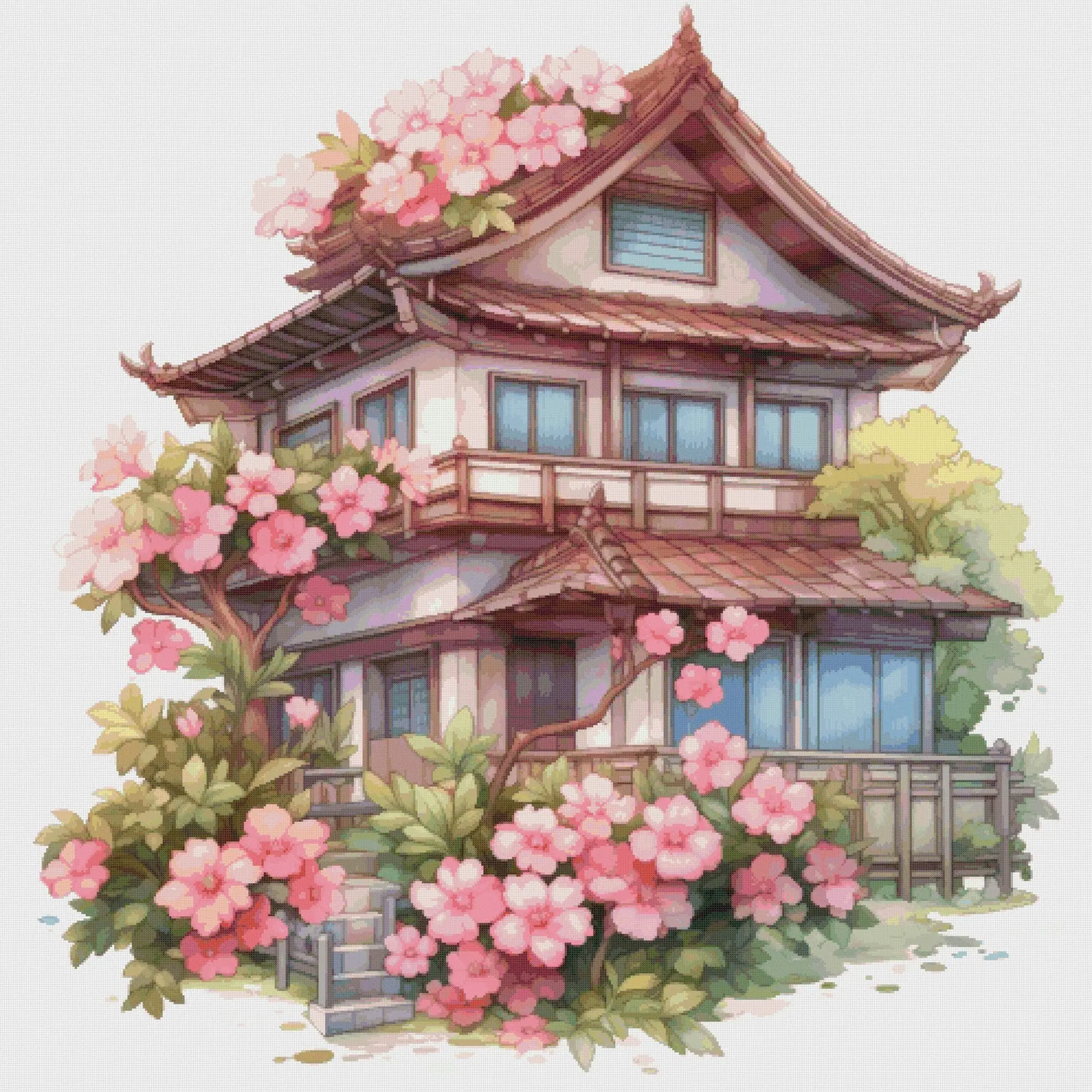 Cottage with Sakura Cross Stitch Pattern Vintage Counted 843 276 - Image 2