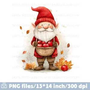 Gnome holds a basket of apples in his hands Sublimation Clipart