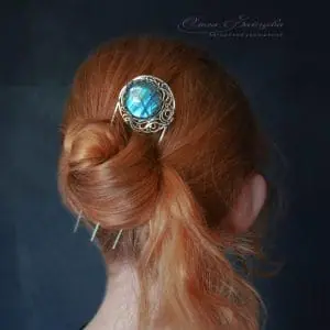 Fantasy hairpin Eclipse with blue labradorite for long hair
