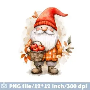 Gnome with a basket of apples Sublimation Clipart