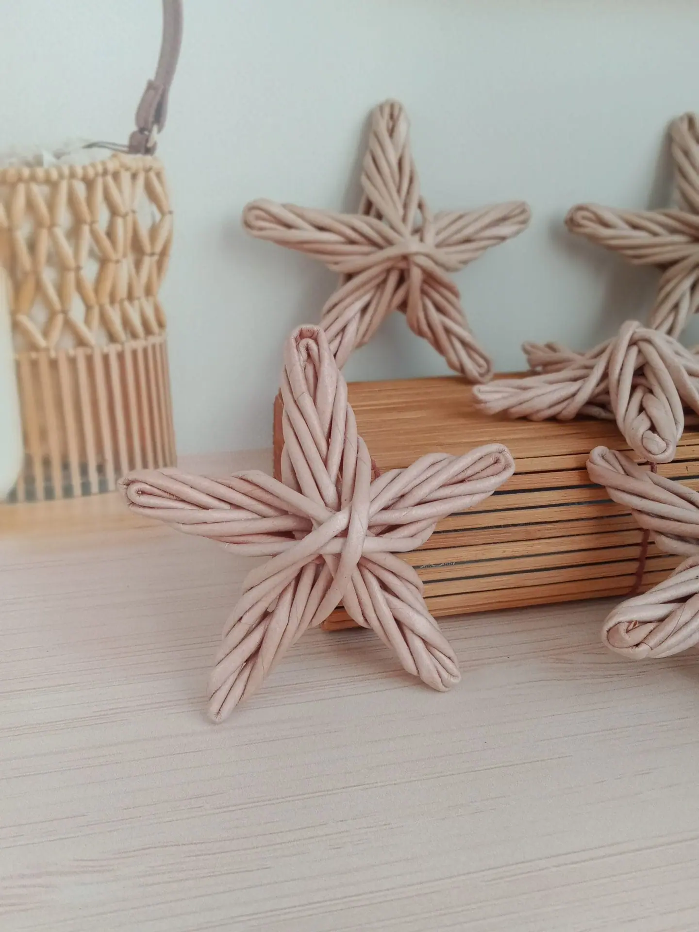 Christmas tree decorations -set of 6 beige wicker stars