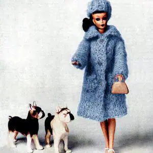Knitted mohair coat and hat for barbie, vintage pattern, clothes