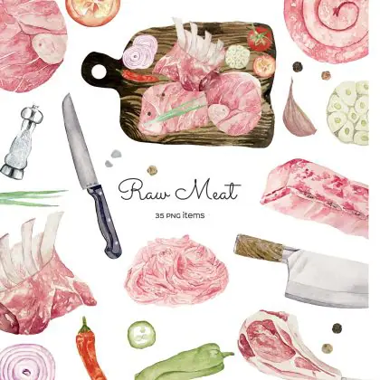 Watercolor Raw meat clipart. Fresh meat slice illustration. Steak Meat Beef. Piece Of An Uncooked Beef Meat