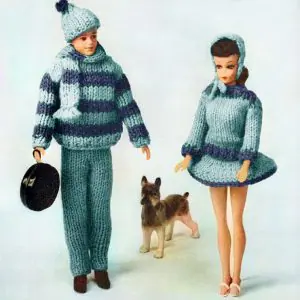 Knit clothes for barbie and ken, skating outfit, vintage pattern