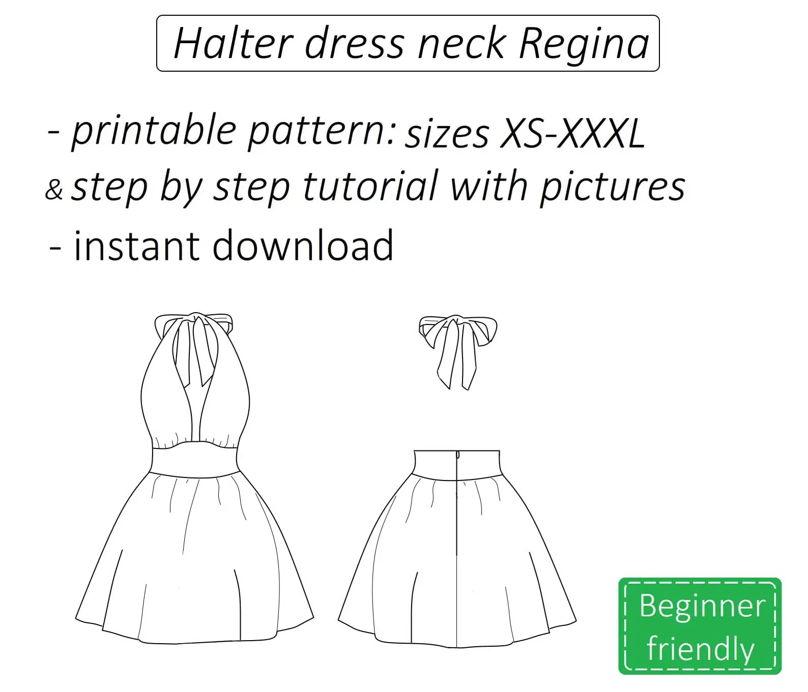Halter neck dress sewing pattern PDF Regina + detailed tutorial - Crealandia