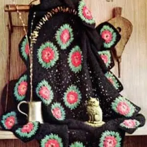 Vintage Crochet Pattern Afghan Plaid Black With Roses