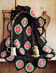 Vintage Crochet Pattern Afghan Plaid Black With Roses