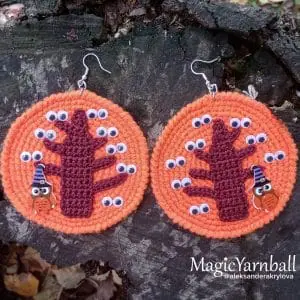 Halloween Tree with eyes earrings, crochet pattern pdf, handmade