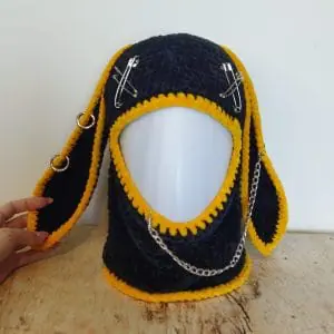 Crazy black bunny balaclava crochet Fluffy balaclava with bunny ears and charms