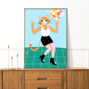 Fun Cat Poster, funny bedroom wall art, disco ball dance