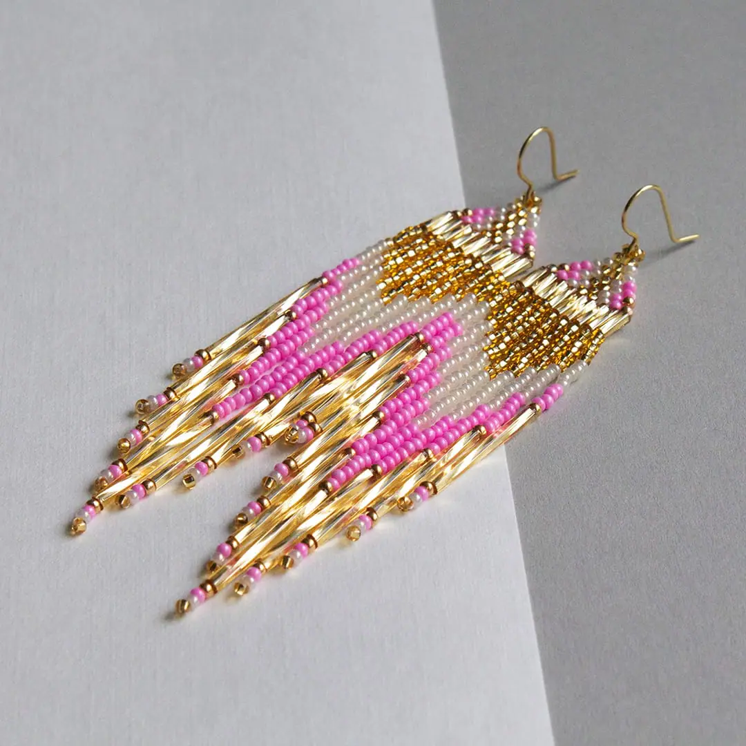 Pink Gold Long Fringe Beaded Earrings