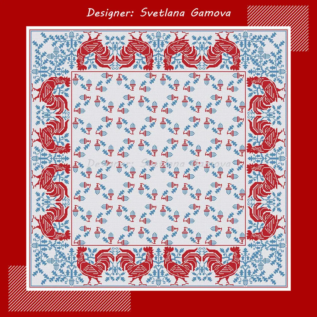 Cockerels tablecloth Cross Stitch Pattern 1 Cockerels tablecloth Cross Stitch Pattern