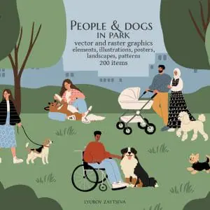 People and dogs in park illustration, Diverse families with pets