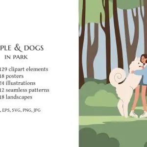 People and dogs in park illustration, Diverse families with pets