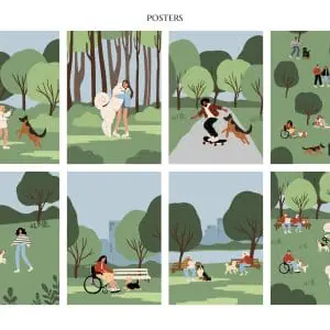 People and dogs in park posters set, People and Pets Scenes