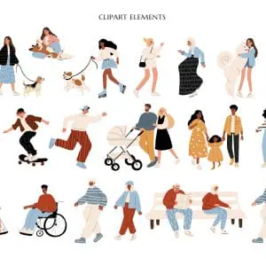 Diverse People And Dogs In Park | Vector Illustration Clipart