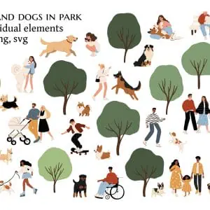 Diverse People And Dogs In Park | Vector Illustration Clipart