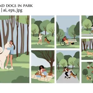 People and dogs in park posters set, People and Pets Scenes