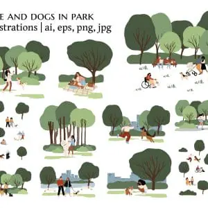 Pet and People in Park Illustration Set, Flat Vector Scenes