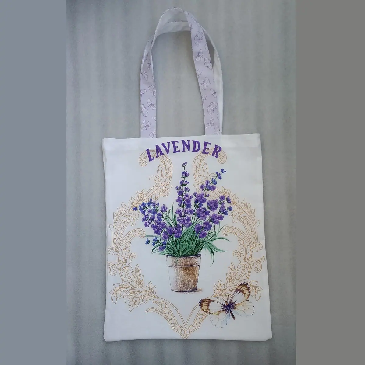 Strong reusable white eco-friendly canvas tote bag with lavender