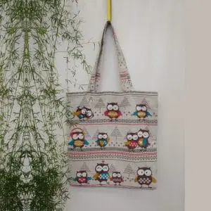 Strong reusable grey tote bag, cotton canvas bag with owls