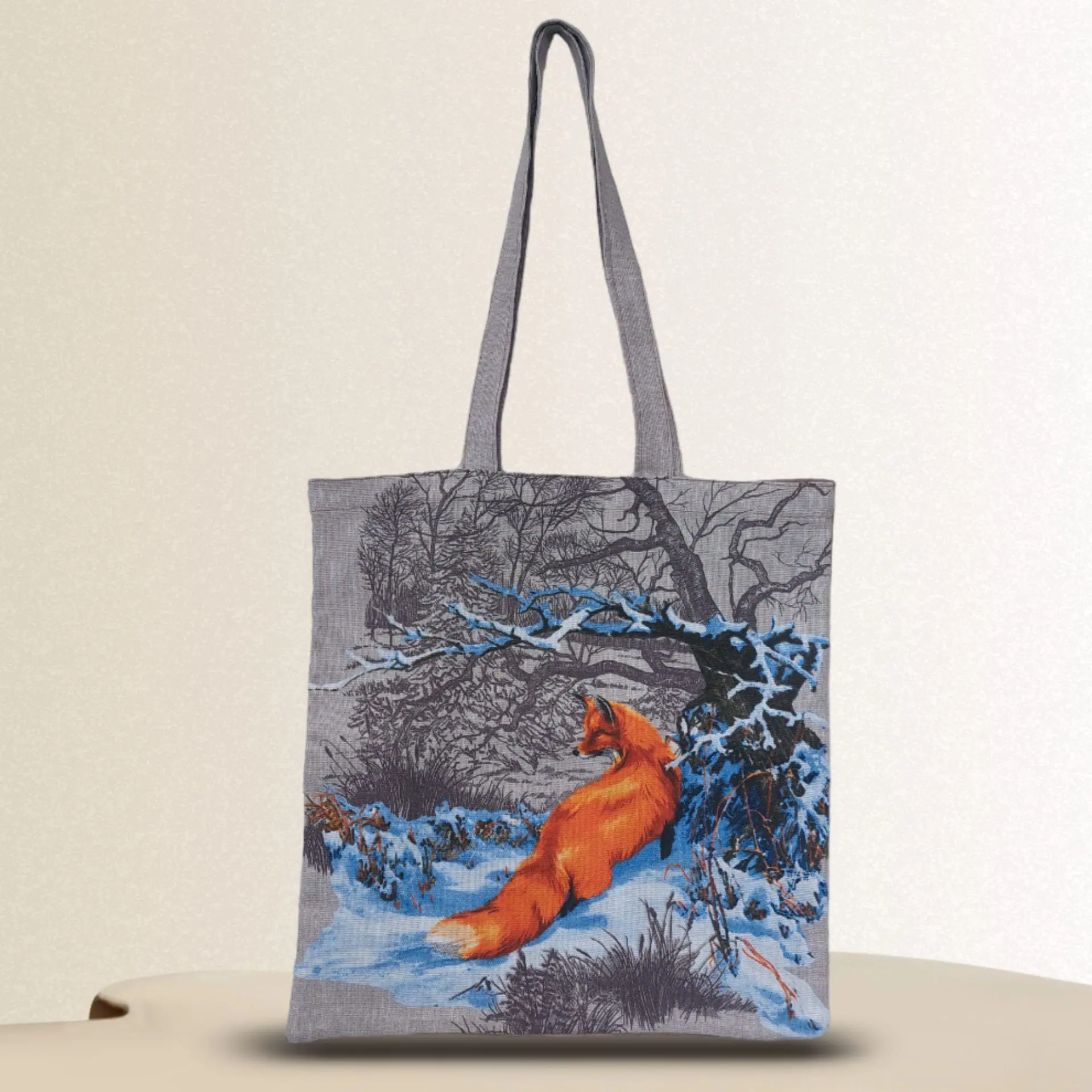 Strong reusable brown eco-friendly canvas tote bag with a fox