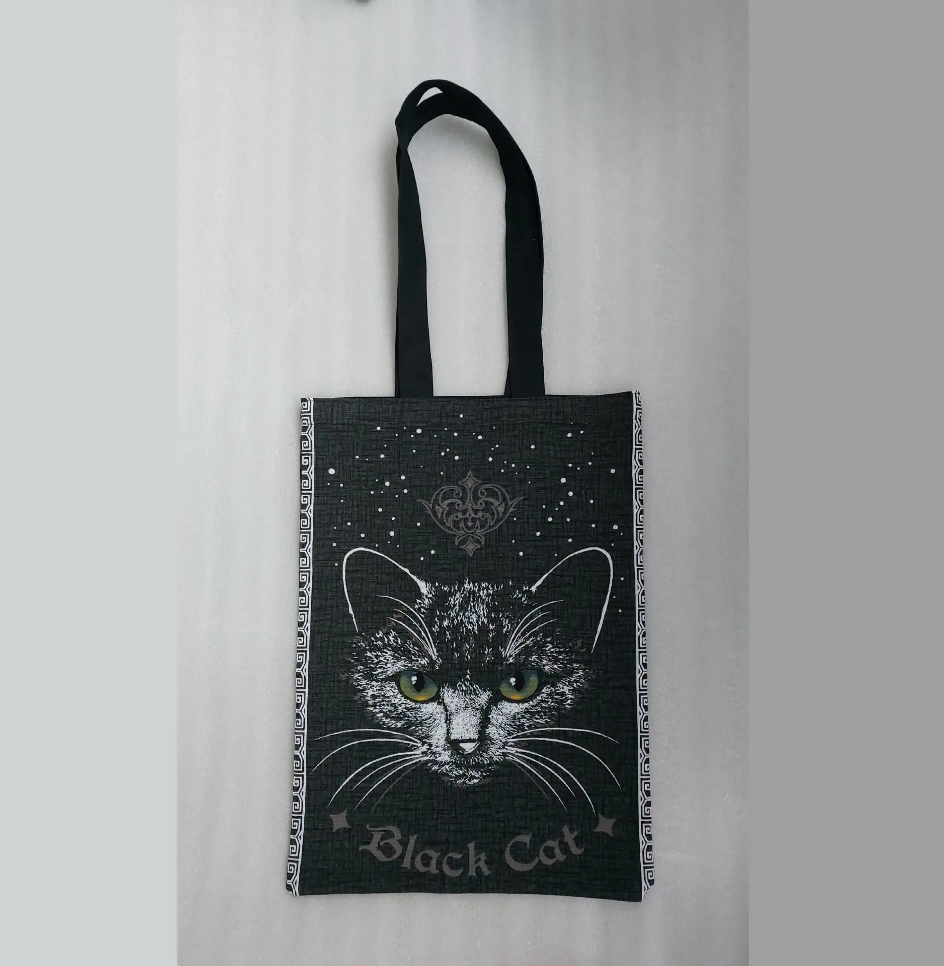 Strong reusable black tote bag, cotton canvas bag with cats