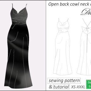 Maxi open back cowl neck dress sewing pattern PDF Diana+ tutorial