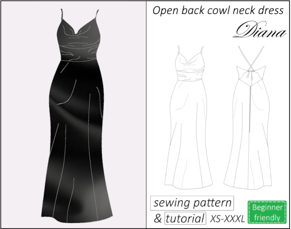 Maxi open back cowl neck dress sewing pattern PDF Diana+ tutorial ...