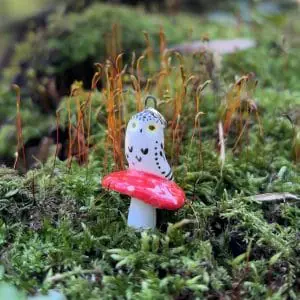 Charming ceramic snowy owl on fly agaric necklace