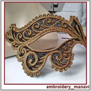 In The Hoop Embroidery Venetian FSL lace carnival mask in 2 parts