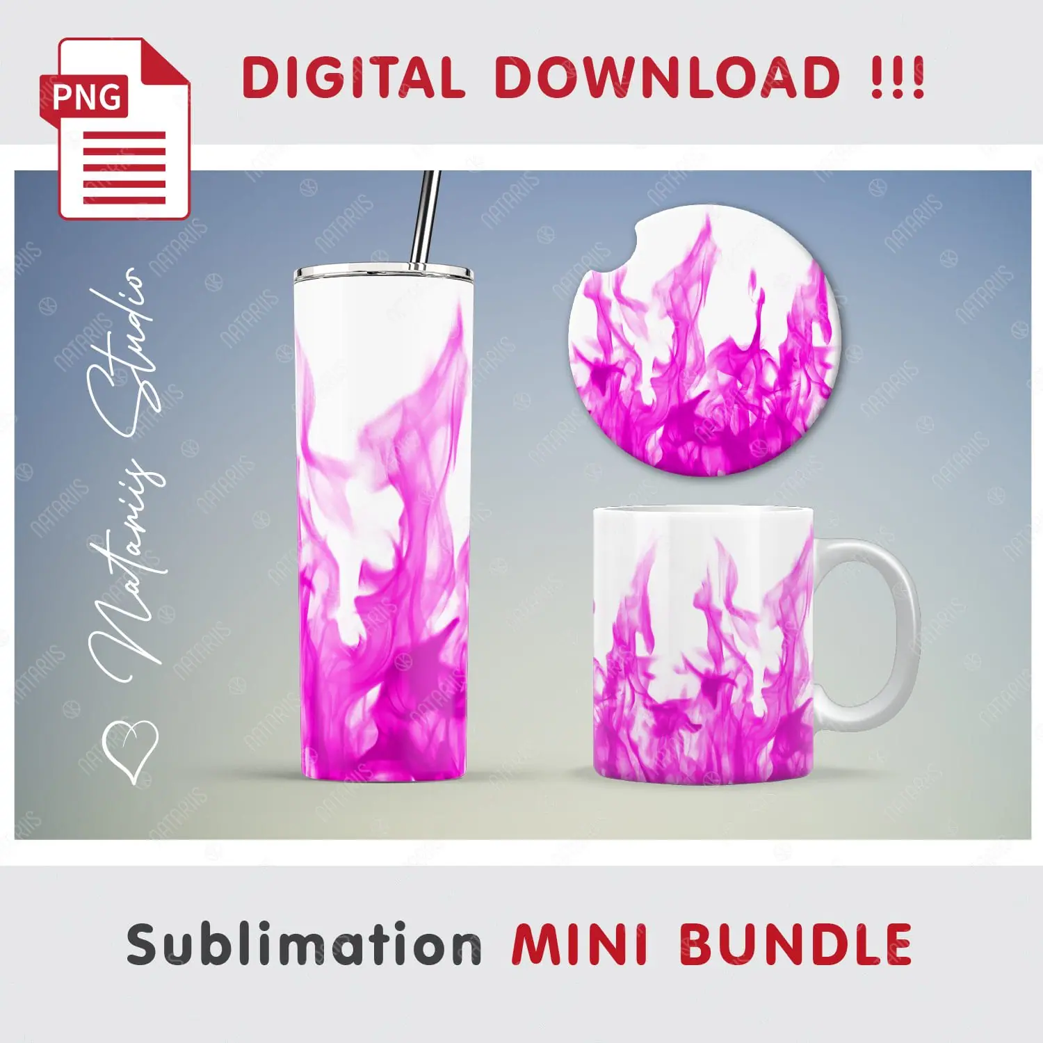Fire Sublimation Mini Bundle – Tumbler, Mug, Coaster.