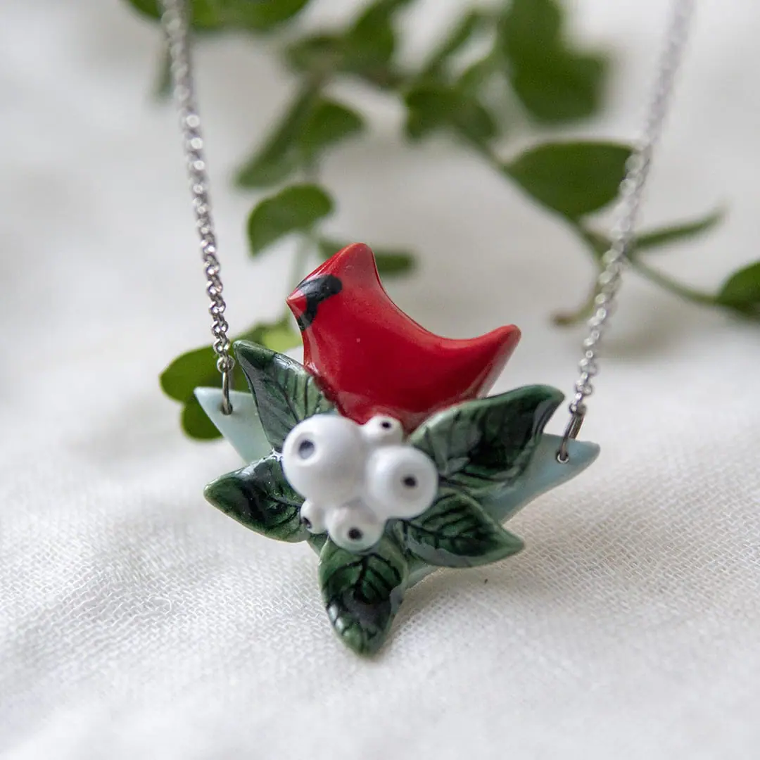 Whimsical ceramic cardinal with leaves and berries necklace 1 Whimsical ceramic cardinal with leaves and berries necklace
