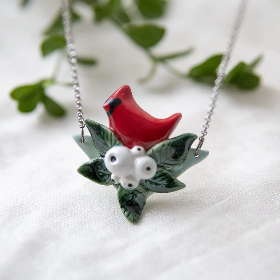 Whimsical ceramic cardinal with leaves and berries necklace 4 Whimsical ceramic cardinal with leaves and berries necklace - Image 4