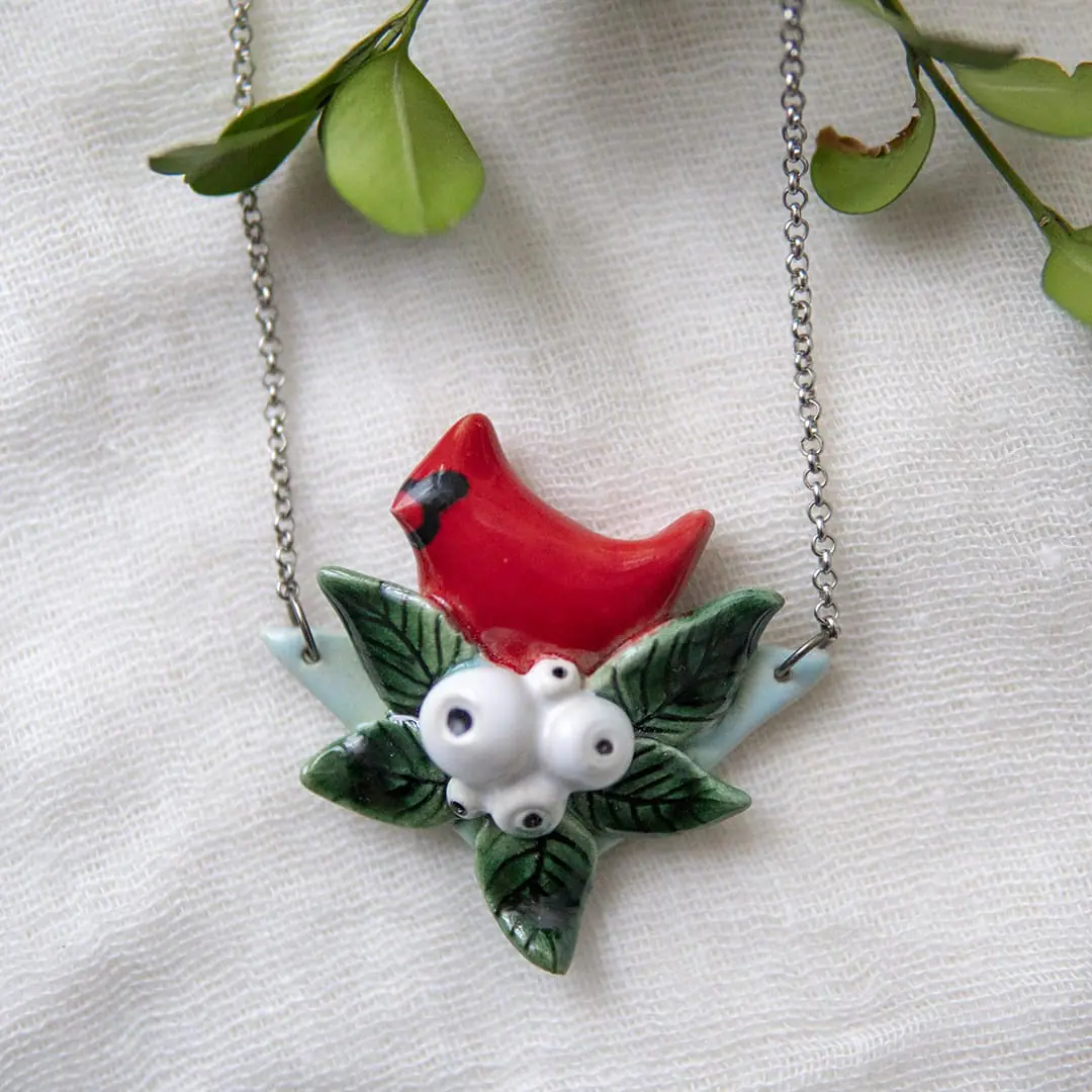 Whimsical ceramic cardinal with leaves and berries necklace 2 Whimsical ceramic cardinal with leaves and berries necklace - Image 2