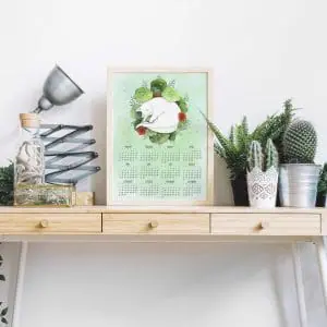 Cute cat and plants printable wall calendar, USA version