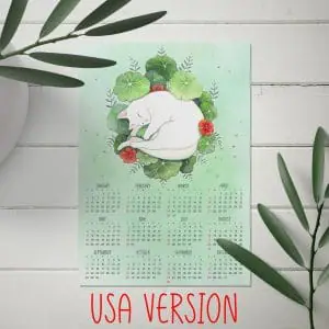 Cute cat and plants printable wall calendar